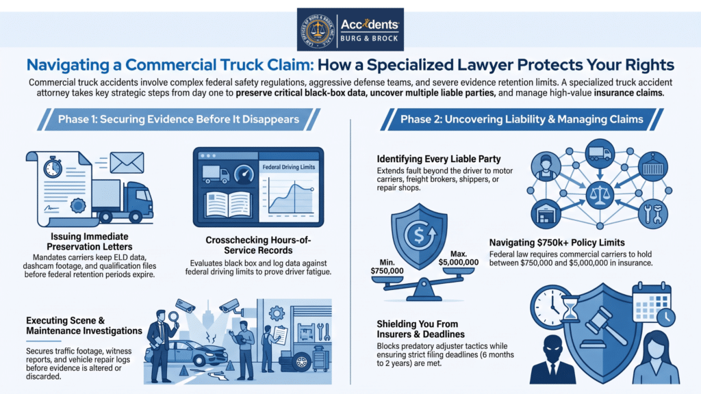 Infographic showing how a truck accident lawyer preserves evidence, finds every liable party and handles insurance claims