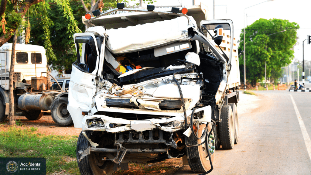 White box truck with a crushed front cab parked at the roadside after a crash