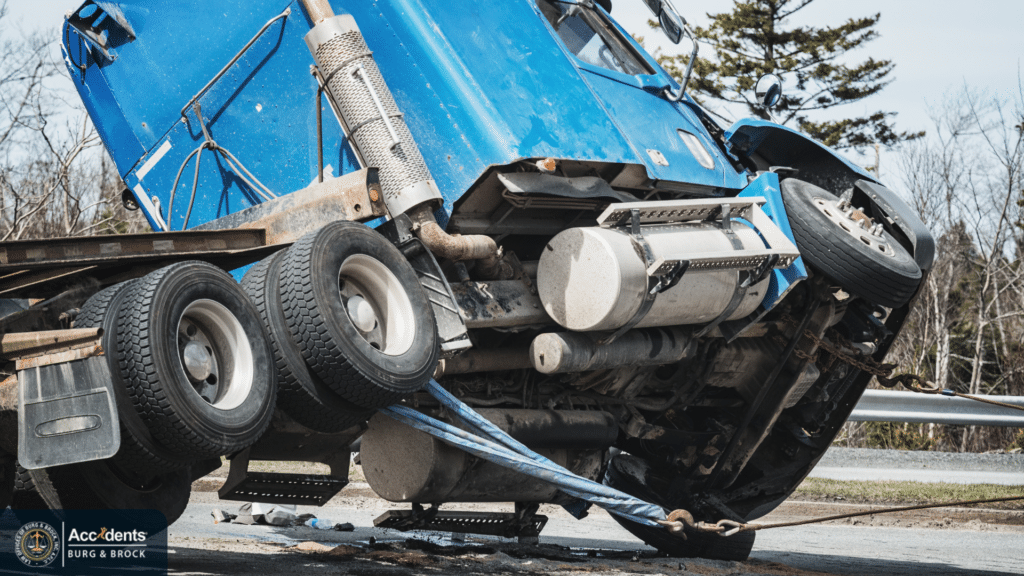 Damaged semi truck after a highway accident requiring investigation