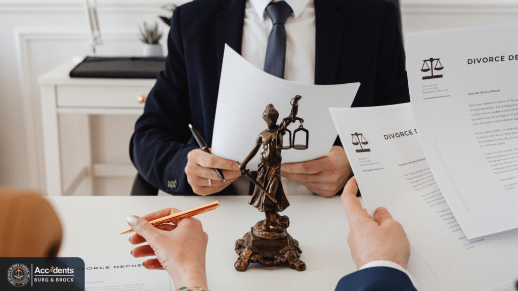 Attorney reviewing accident claim documents with clients during a settlement consultation