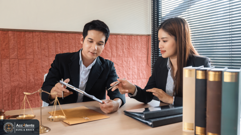 Attorney and client reviewing accident claim documents during a legal consultation