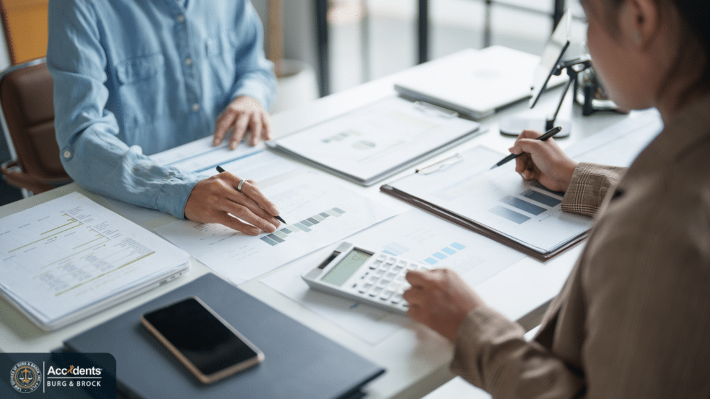Professionals reviewing financial documents and compensation calculations