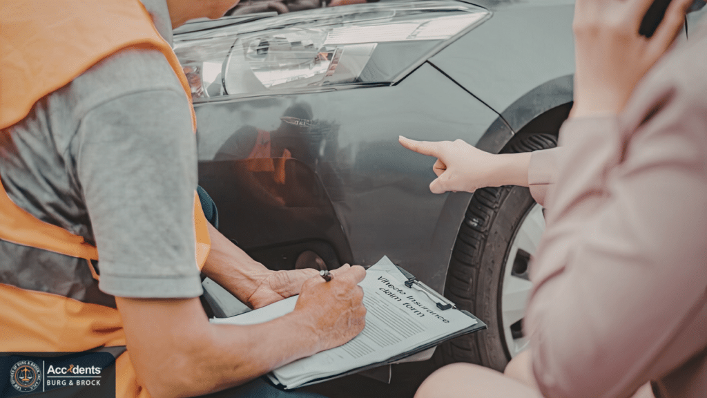 Insurance representative inspecting vehicle damage after a car accident