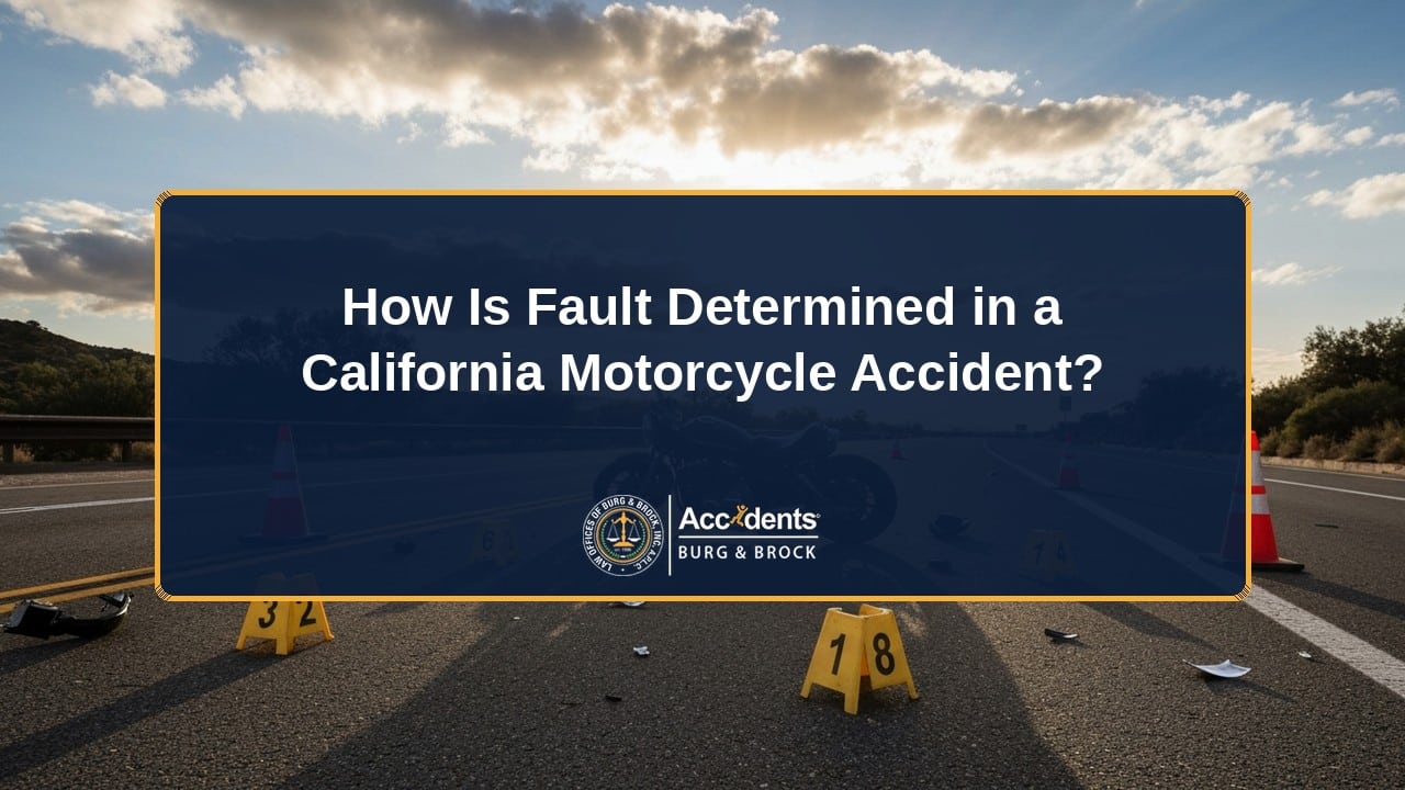 Aerial view of a California highway showing a motorcycle accident scene with evidence markers, illustrating how fault is determined in motorcycle crashes