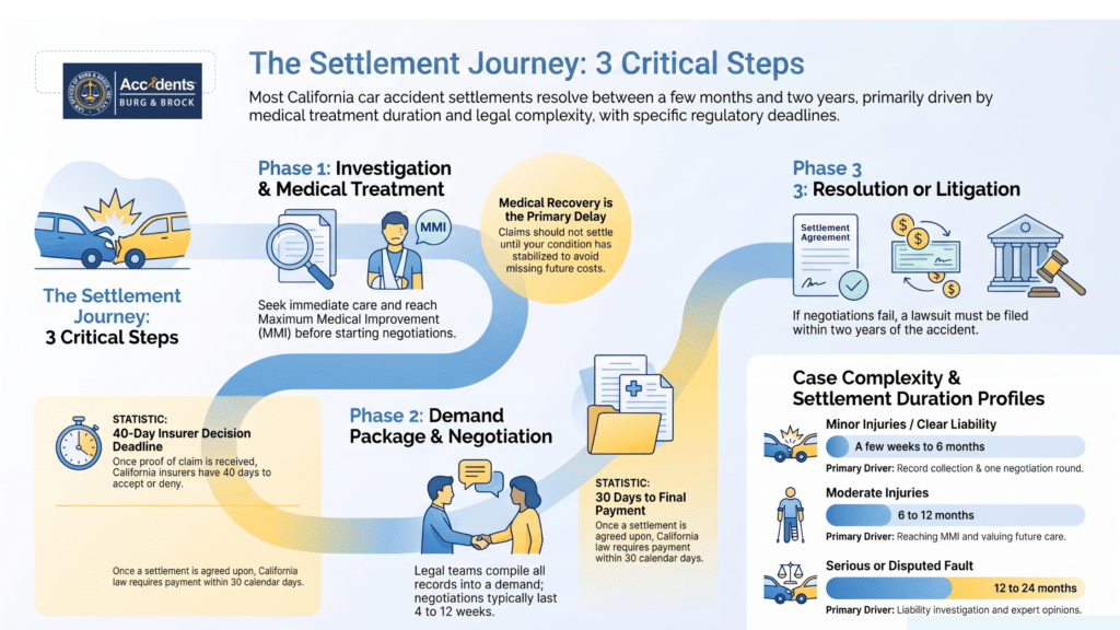 Infographic titled The Settlement Journey: 3 Critical Steps. Phase 1 is investigation and medical treatment, reaching Maximum Medical Improvement before negotiations begin. Phase 2 is the demand package and negotiation, which typically lasts 4 to 12 weeks. Phase 3 is resolution or litigation, where a lawsuit must be filed within two years of the accident. California insurers have 40 days to accept or deny once proof of claim is received, and payment is due within 30 calendar days of settlement. Settlement duration runs from a few weeks to 6 months for minor injuries with clear liability, 6 to 12 months for moderate injuries, and 12 to 24 months for serious or disputed fault cases.