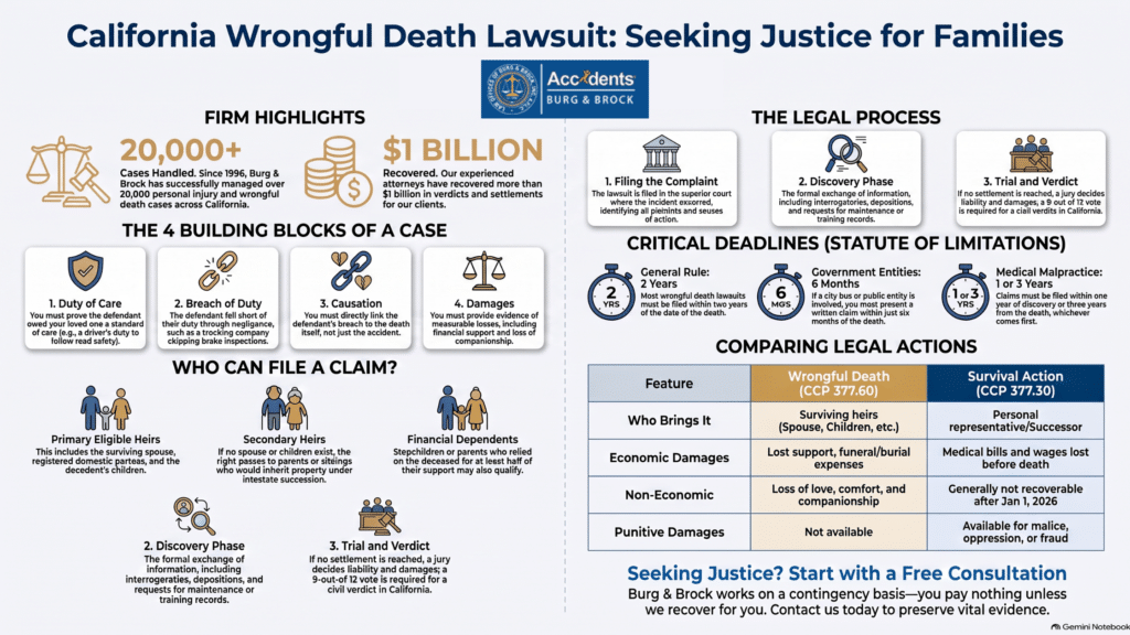 Infographic explaining California wrongful death lawsuits, eligible heirs, legal deadlines, damages, and the legal process.