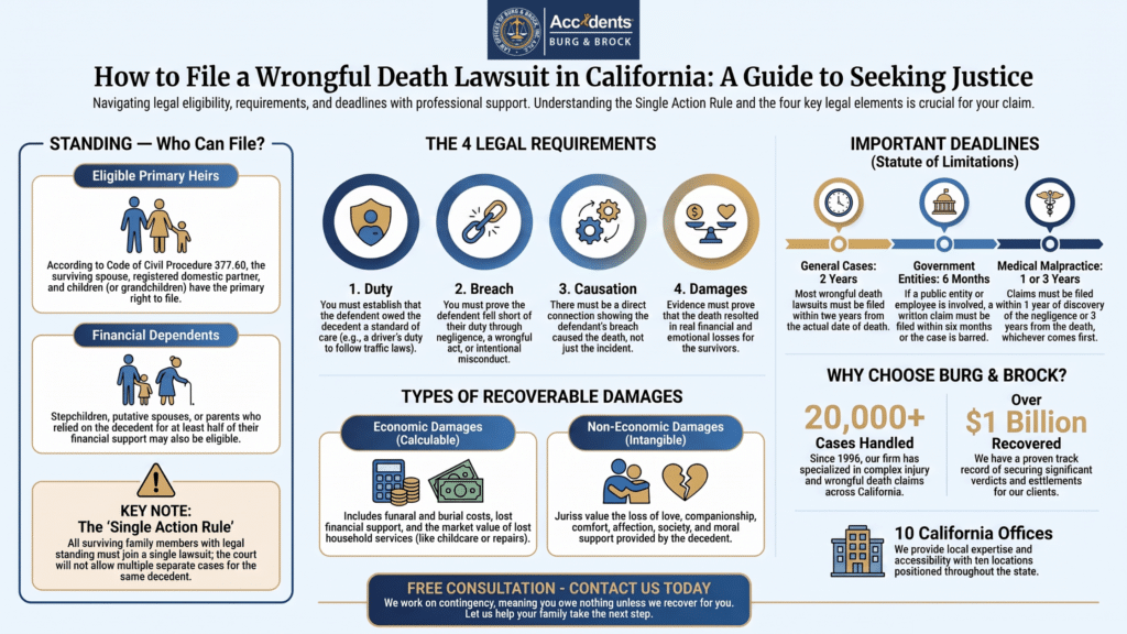Infographic explaining how to file a wrongful death lawsuit in California, including eligible heirs, legal requirements, damages, and deadlines.