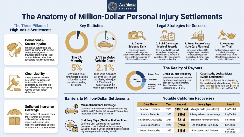 Infographic explaining key factors, legal strategies, barriers, and payouts involved in million-dollar personal injury settlements.