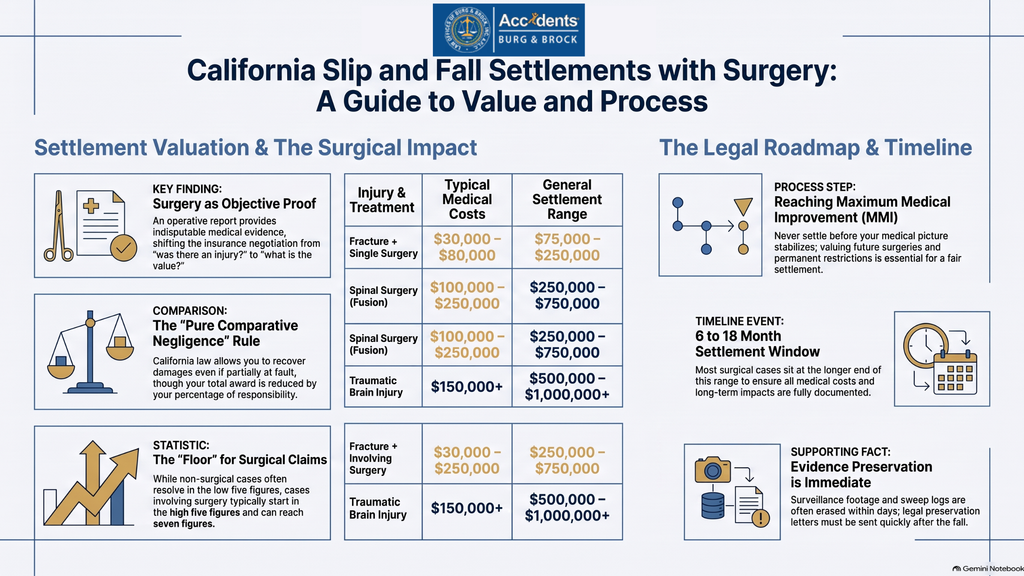 Infographic explaining California slip and fall settlements involving surgery, including medical costs, settlement ranges, comparative negligence, and the settlement timeline.