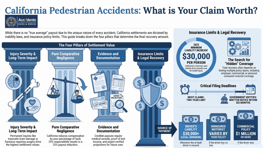 Infographic on what a California pedestrian claim is worth: injury severity, comparative negligence, evidence and insurance limits