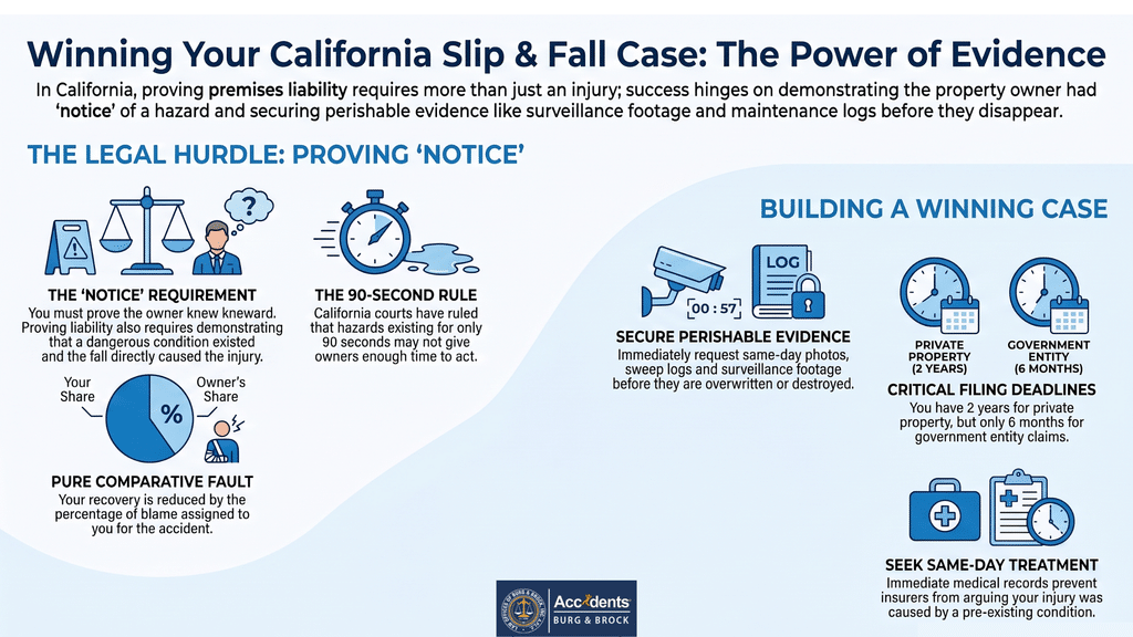 Infographic on winning a California slip and fall case: proving notice, comparative fault, securing evidence and filing deadlines