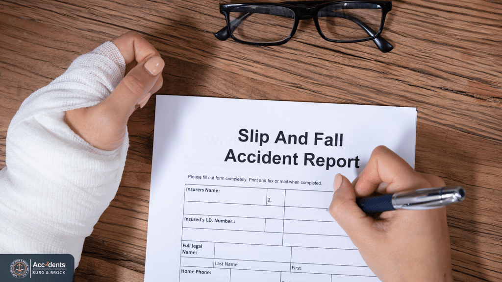 Person with a bandaged wrist filling out a slip and fall accident report form
