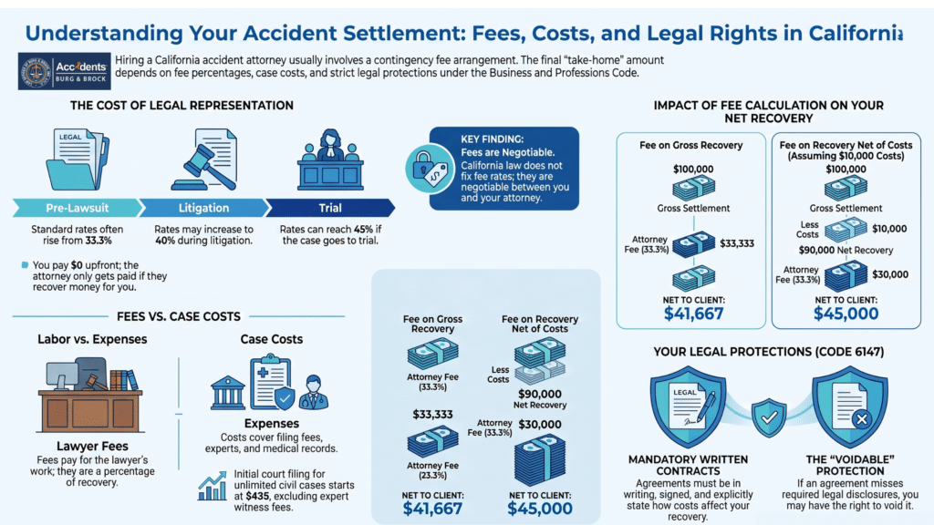 Infographic on California accident attorney fees: contingency percentages, case costs, how the fee is calculated and the written-contract protections under Code 6147