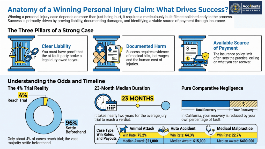 Infographic titled Anatomy of a Winning Personal Injury Claim, showing the three pillars of a strong case, that only 4 percent of cases reach trial, a 23-month median time to verdict, how pure comparative negligence reduces a recovery, and plaintiff win rates with median awards for animal attack, auto accident and medical malpractice claims