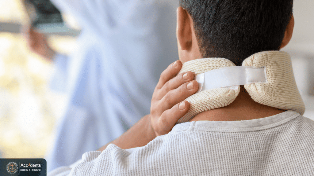 Man wearing a cervical collar holding the back of his neck while a doctor reviews an X-ray in the background