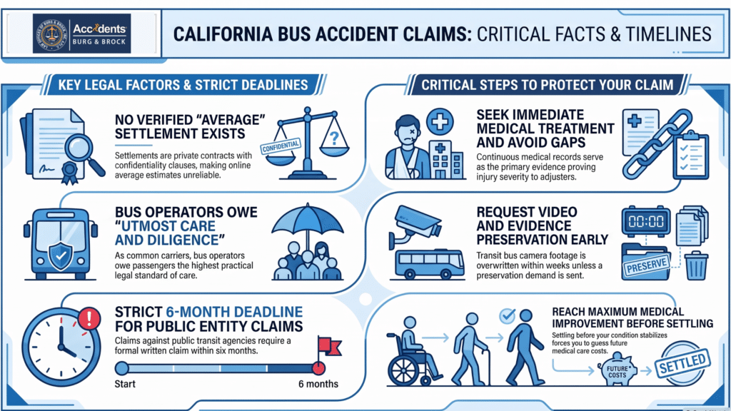Infographic summarizing California bus accident claim deadlines, evidence steps, and settlement factors
