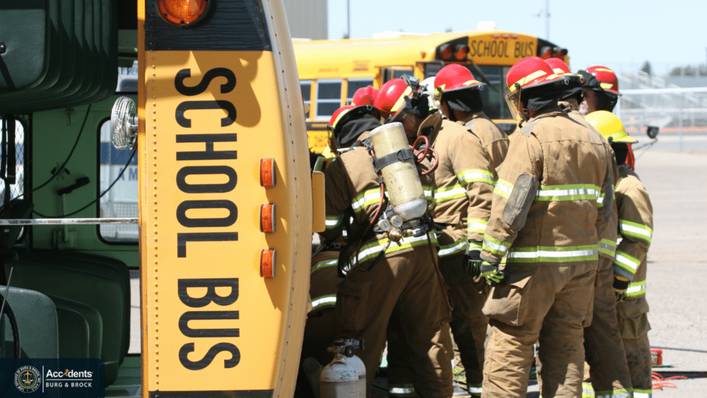 Firefighters responding to an overturned school bus after a bus accident