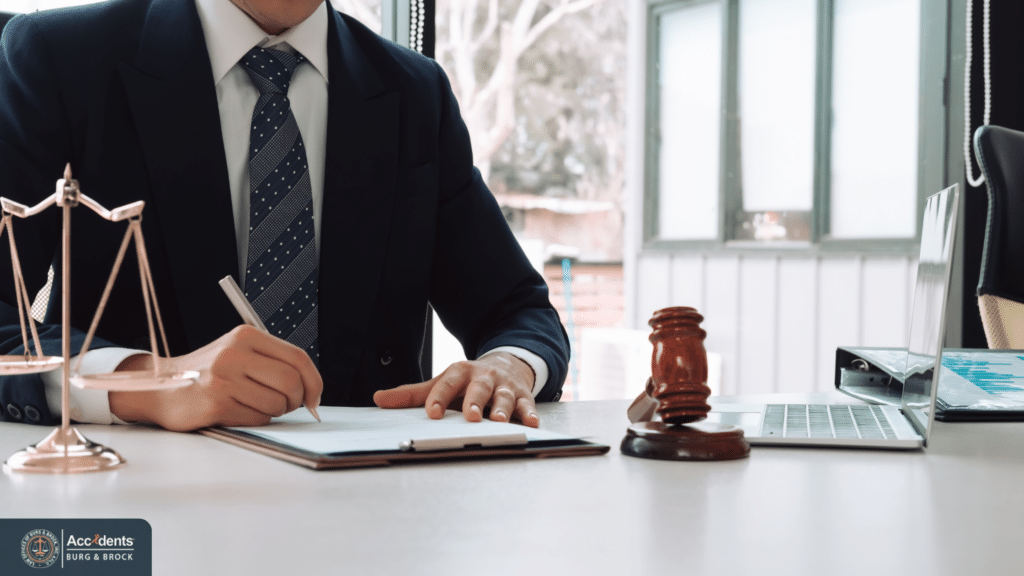 Attorney reviewing bus accident settlement documents with legal scale and gavel