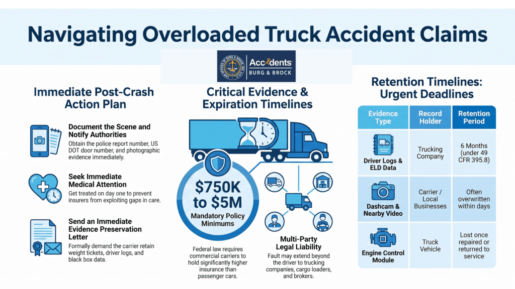 Infographic on overloaded truck accident claims showing post-crash steps, evidence deadlines, and insurance minimums
