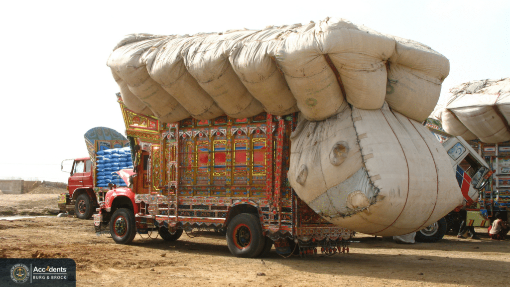 Cargo truck carrying oversized sacks stacked far above its cab