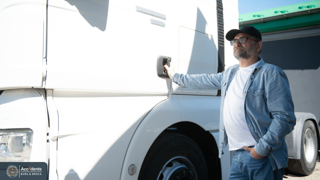 Truck driver standing beside the cab of a white semi truck