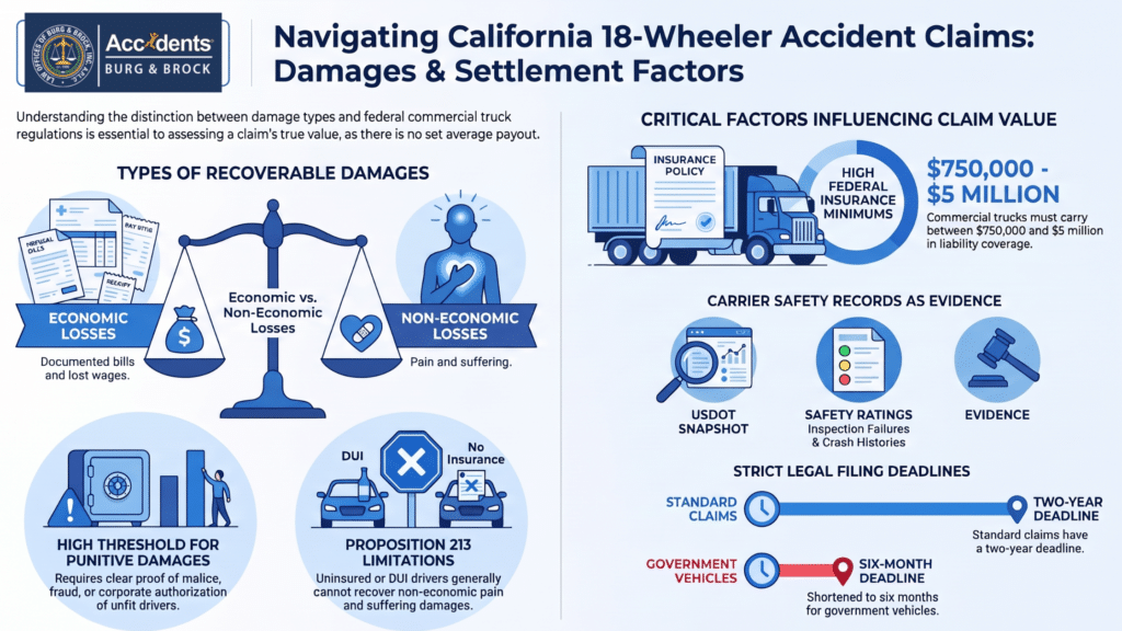 Infographic on California 18-wheeler accident claims covering recoverable damages, insurance minimums, carrier safety records and filing deadlines